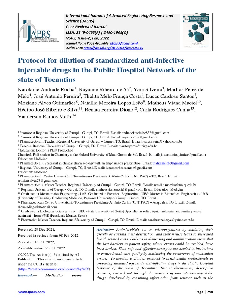 Protocol For Dilution of Standardized AntiInfective Injectable Drugs