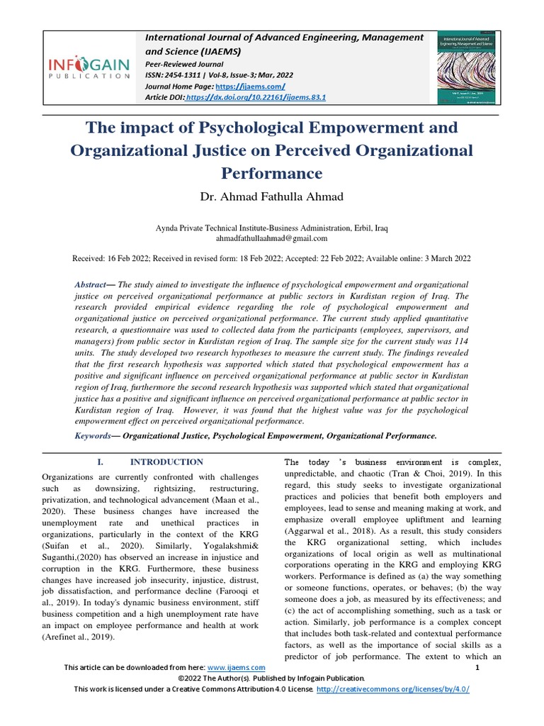 The Impact of Psychological Empowerment and Organizational Justice On Perceived Organizational