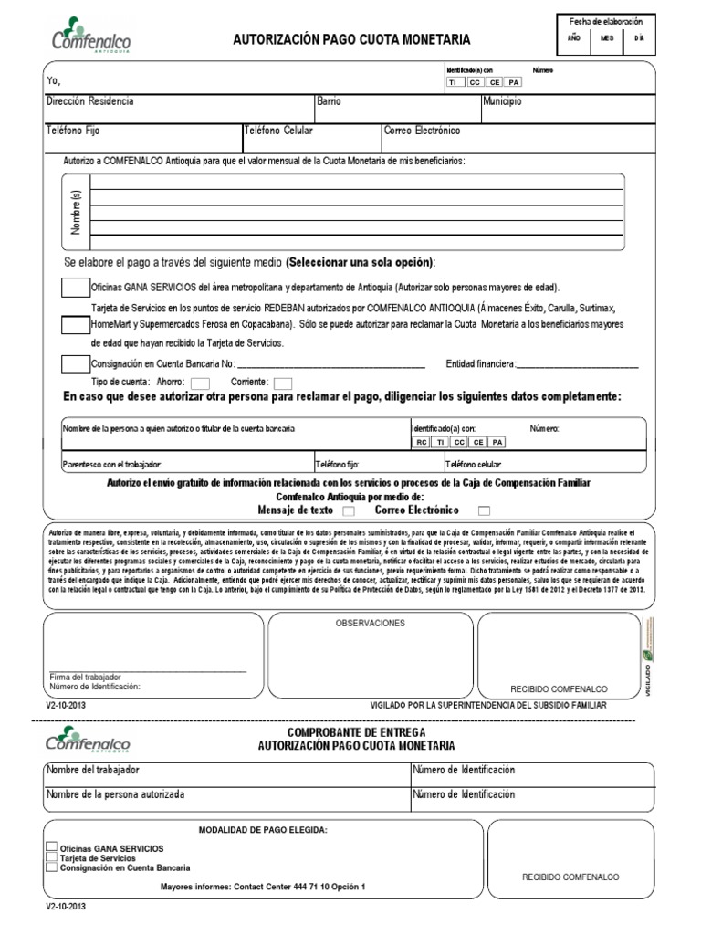 8 Formulario Autorizacion Pago Cuota Monetaria Comfenalco Pdf