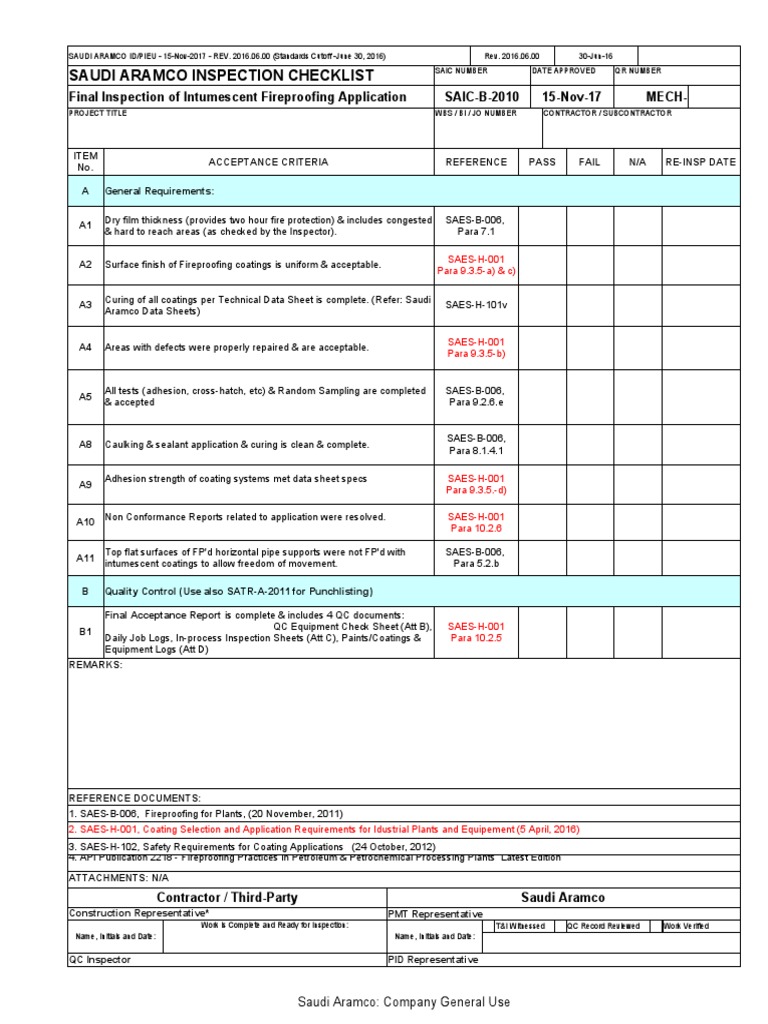 Saudi Aramco Inspection Checklist Final Inspection of Intumescent Fireproofing Application SAIC
