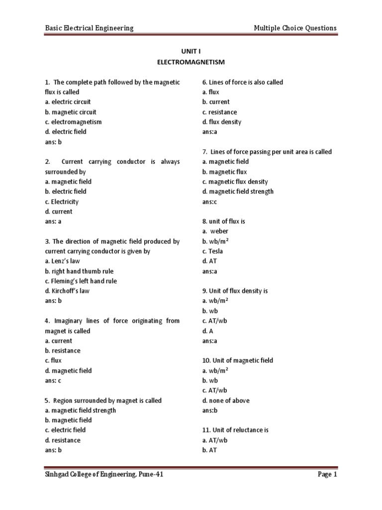 Electrical Engineering MCQs on Electromagnetism | PDF | Electromagnetic ...