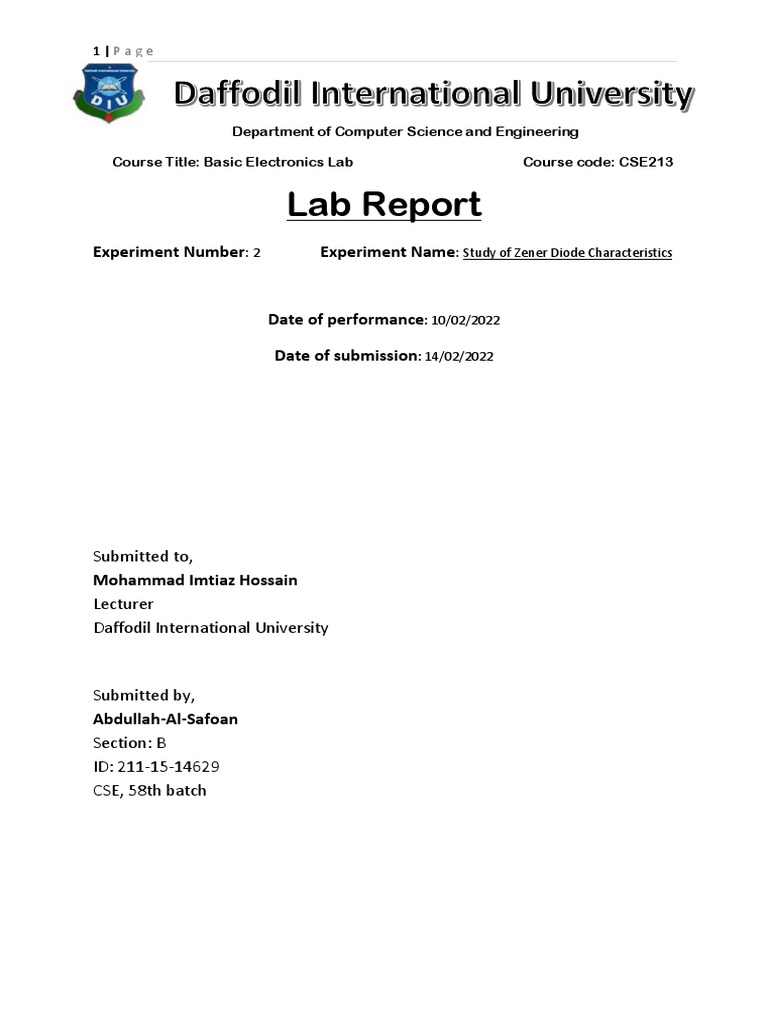 Zener Diode Lab Report | PDF | Diode | Semiconductor Devices