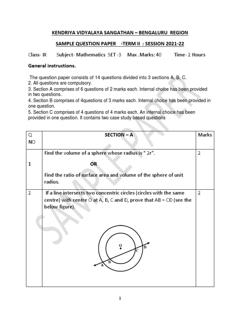 Sample Question Paper for Class IX Mathematics Exam Covering Topics of