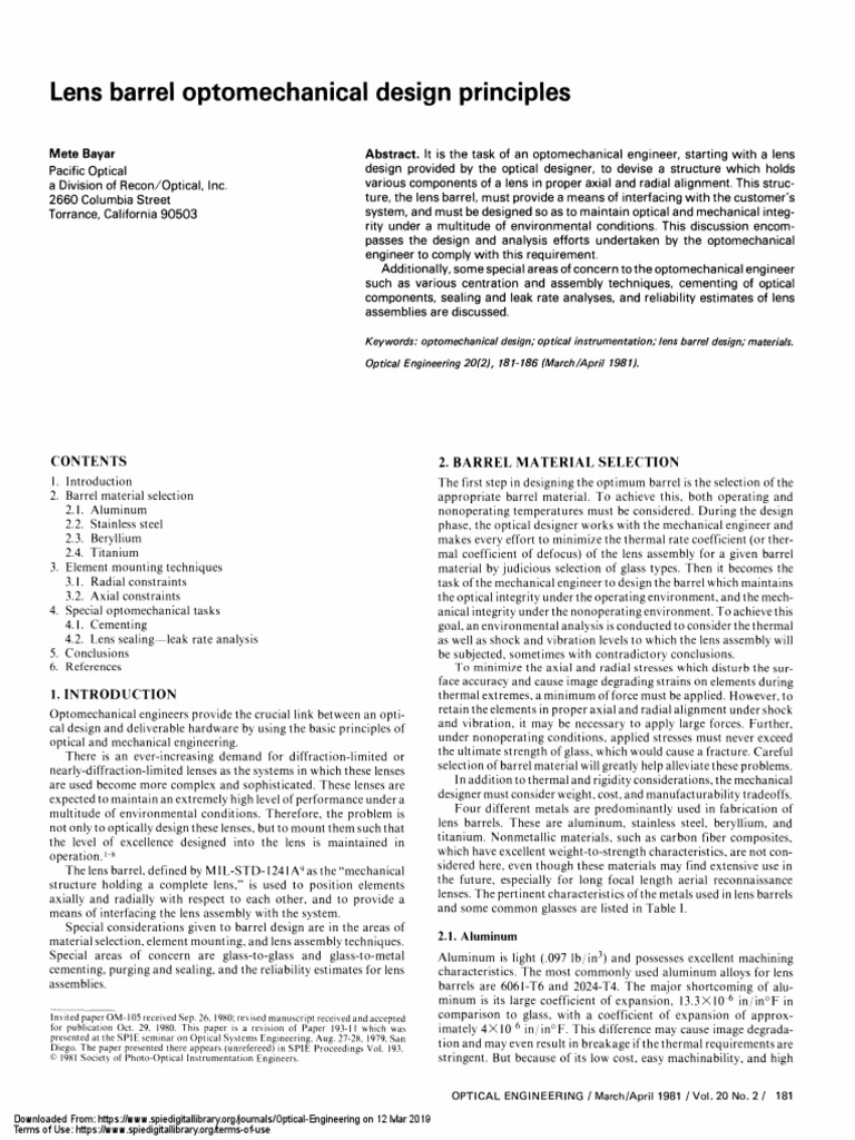 Bayar Lens Barrel Optomechanical Design Principle PDF