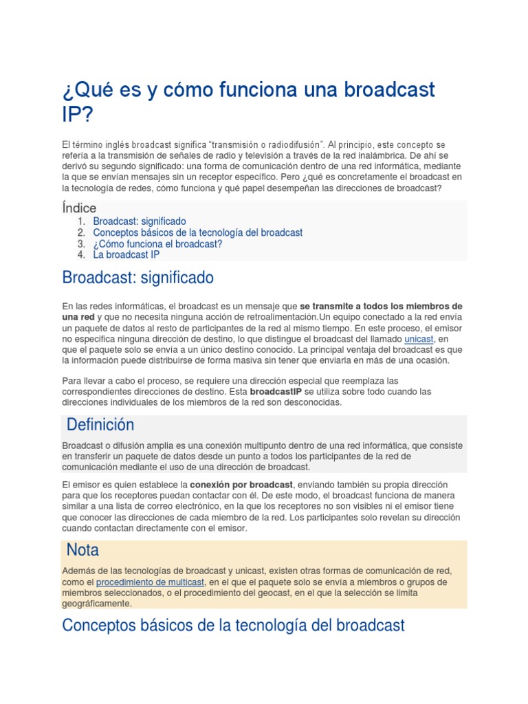 Qué Es y Cómo Funciona Una Broadcast IP | PDF | Dirección IP ...