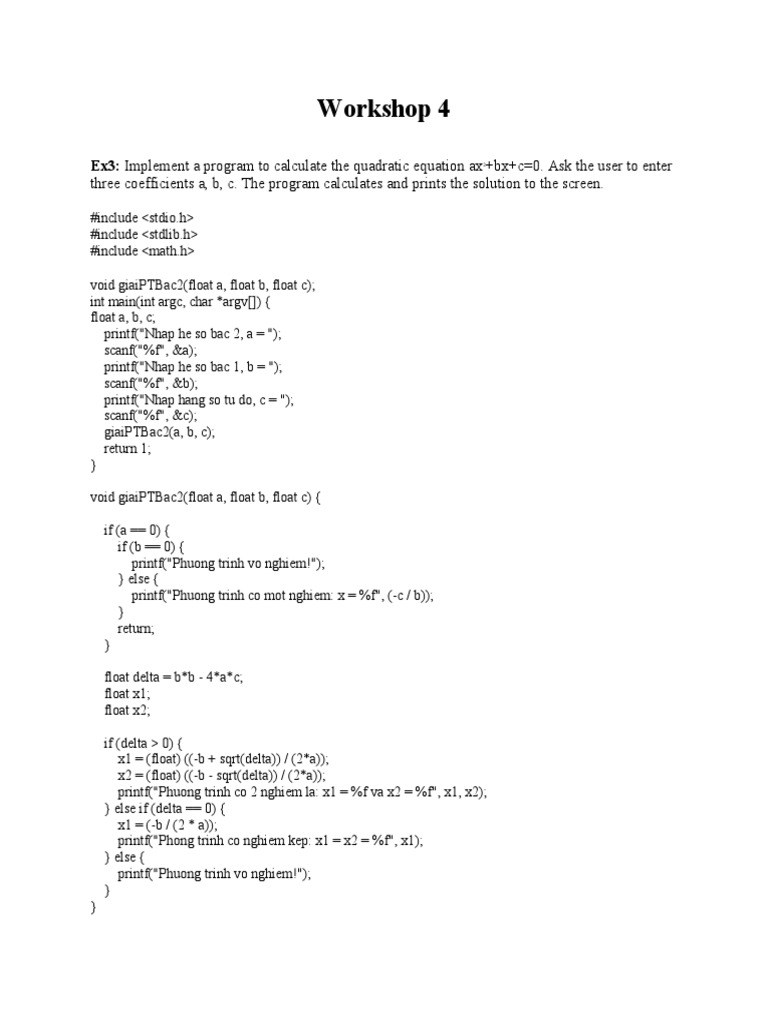 Workshop 4: Ex3: Implement A Program To Calculate The Quadratic ...