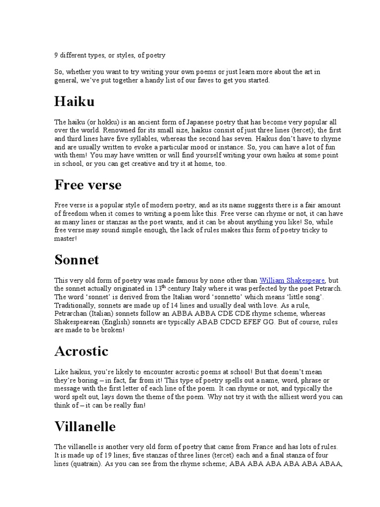 9 Different Types of Poems PDF Poetry