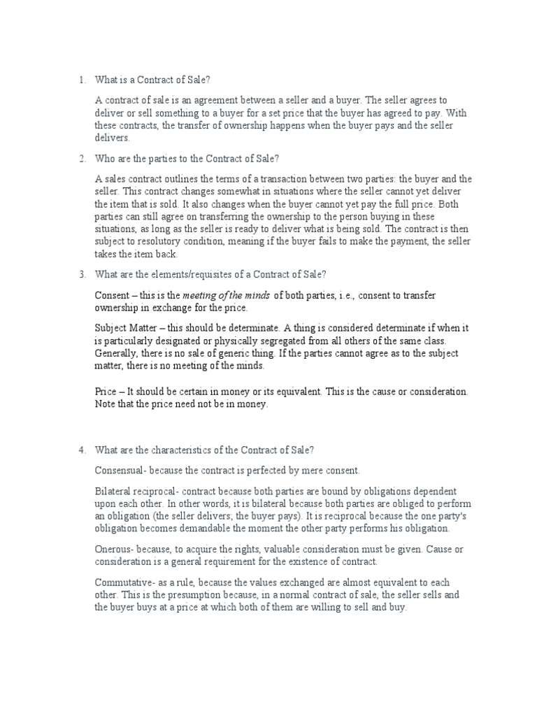 A Comprehensive Overview of Contract of Sale Under Philippine Law PDF