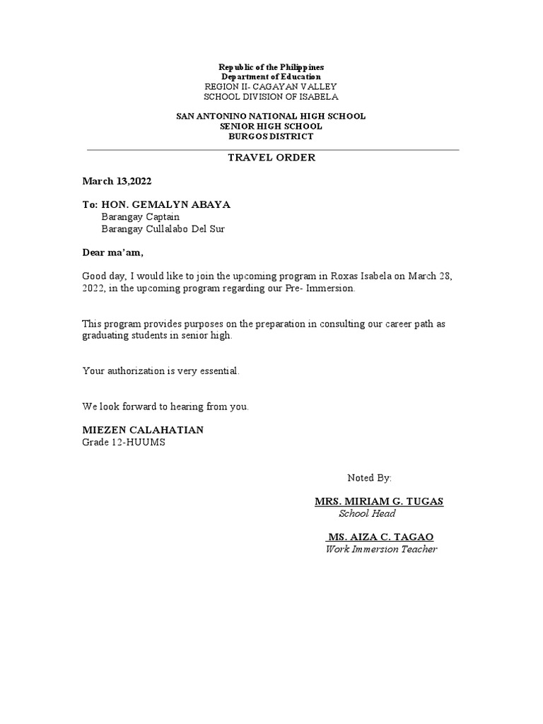 Travel Order for Senior High Program | PDF