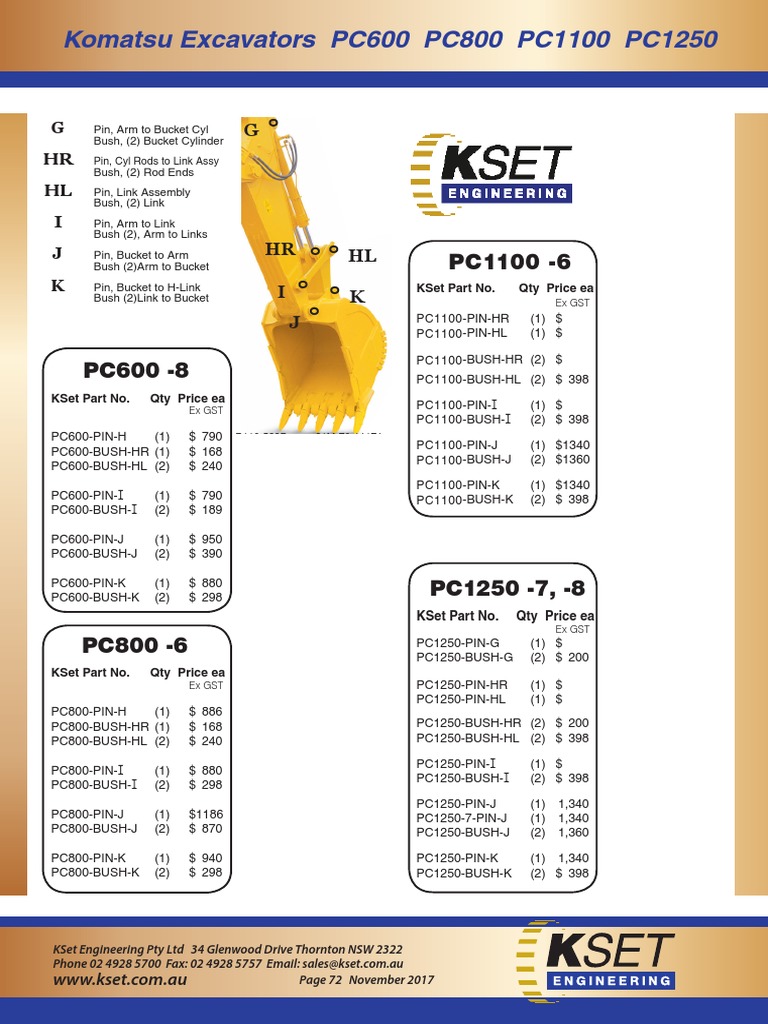 C - Komatsu Excavators PC600 - PC800 - PC1250 Pins Bushes Shims Dust ...