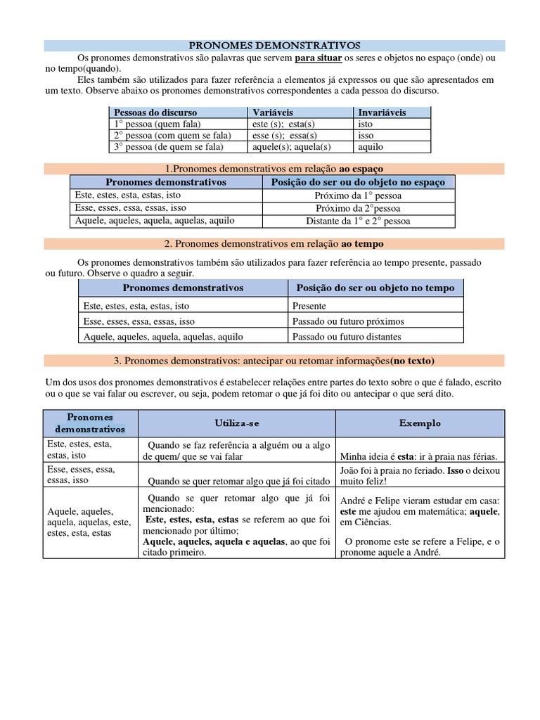 Pronomes Demonstrativos: Uso e Exemplos | PDF | Pronome | Tempo