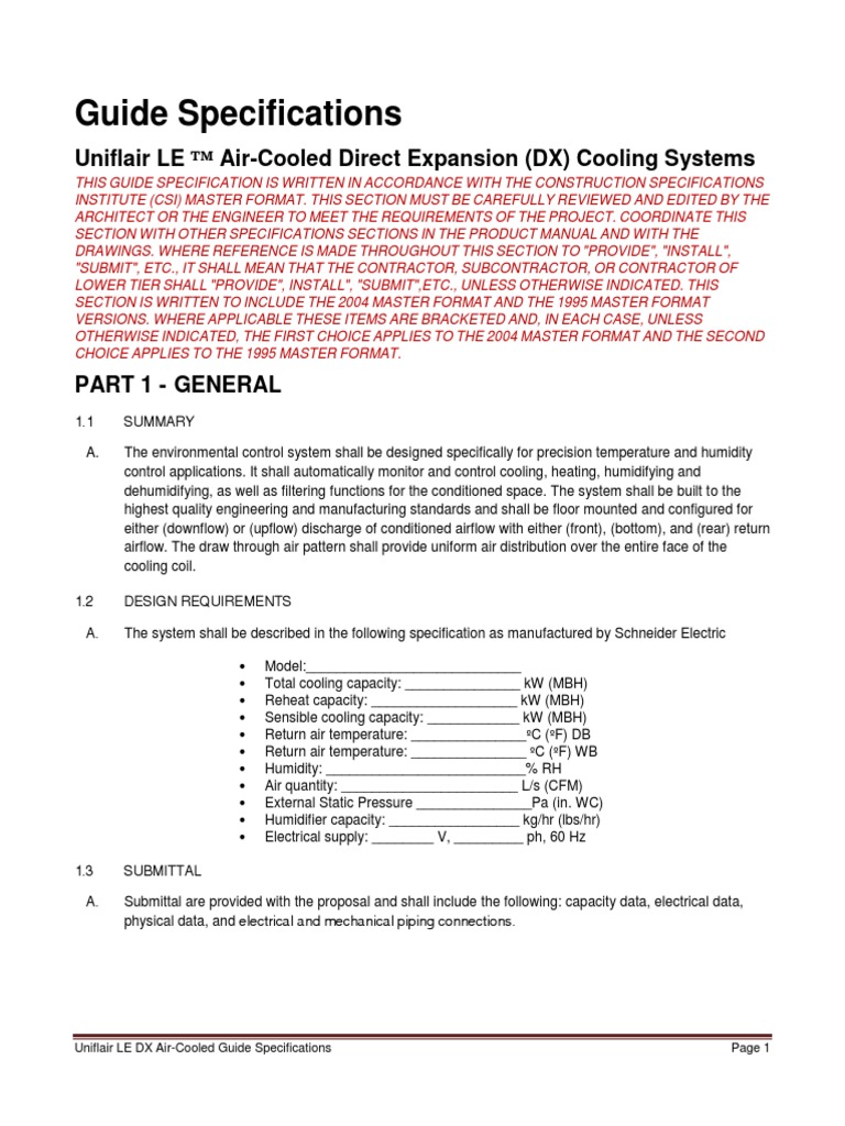 Guide Specifications Uniflair LE ™ AirCooled Direct Expansion (DX