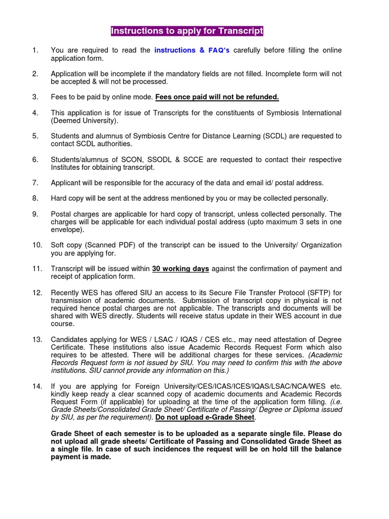 SIU Transcript Application Instructions | PDF