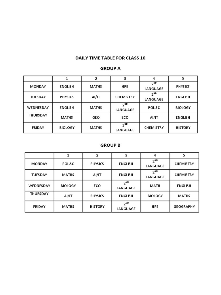 Daily Time Table For Class 10 Students Cbse
