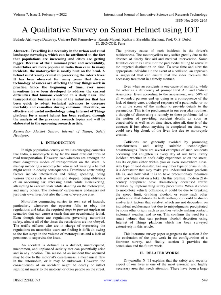 A Qualitative Survey On Smart Helmet Using IOT | PDF | Traffic ...