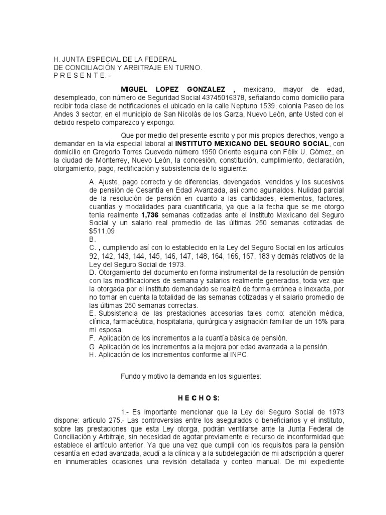 Demanda Miguel Lopez Gonzalez vs. Imss - Modificacion | PDF | Pensión ...