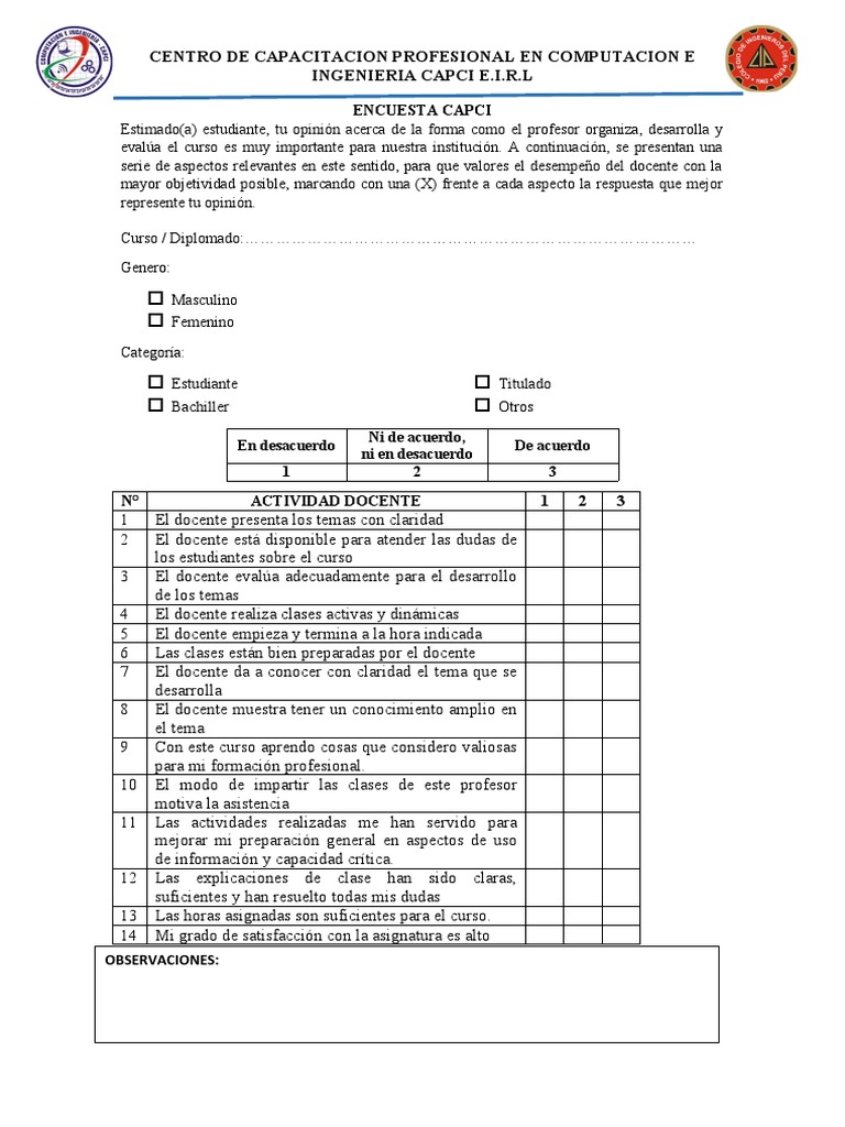 Encuesta de Evaluación Docente CAPCI | PDF