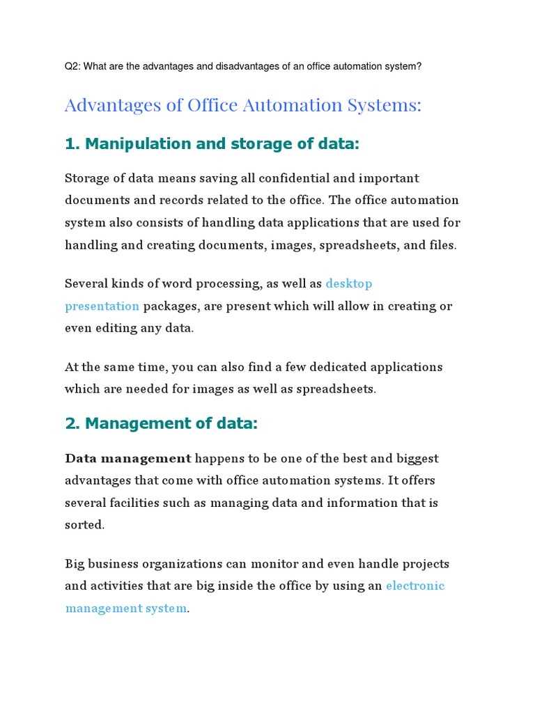 Advantages of Office Automation Systems 1. Manipulation and Storage of Data Download Free