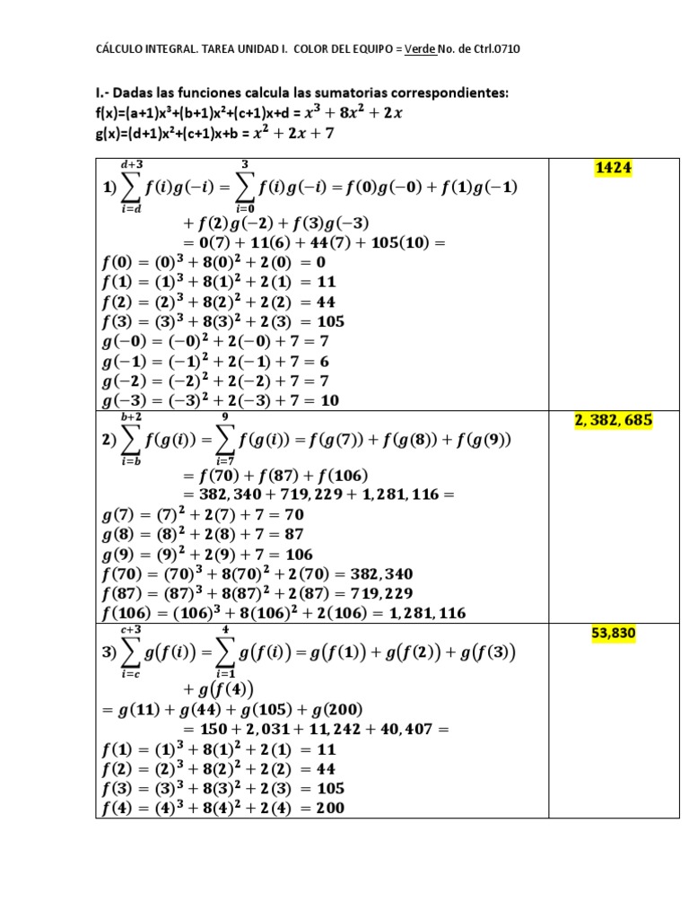 I.-Dadas Las Funciones Calcula Las Sumatorias Correspondientes: F (X ...