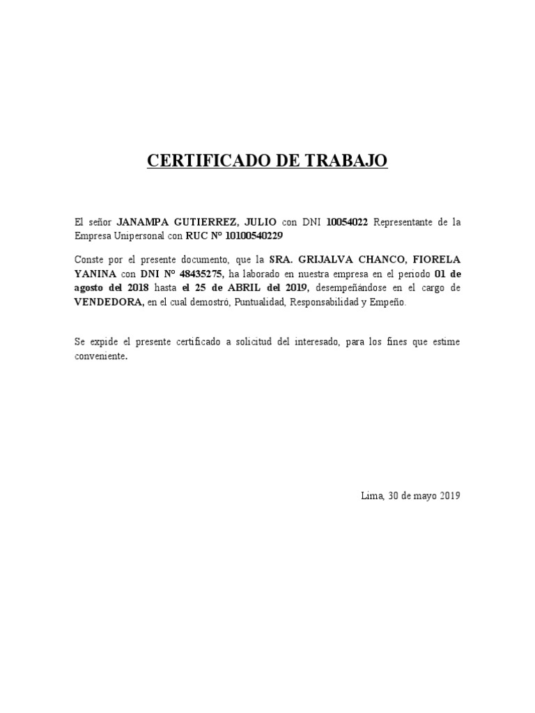 Certificado de Trabajo | PDF