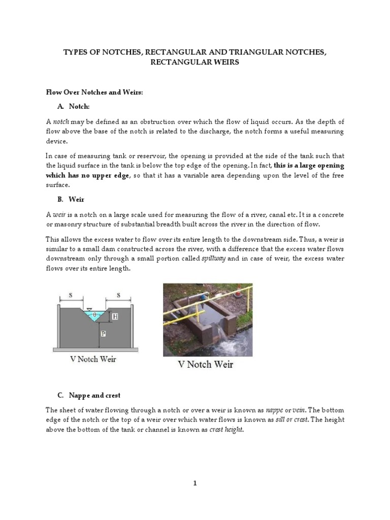 Types of Notches, Rectangular and Triangular Notches, Rectangular Weirs PDF Fluid Mechanics