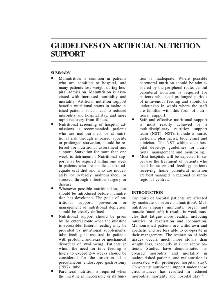 Guidelines On Artificial Nutrition Support PDF Malnutrition Weight Loss