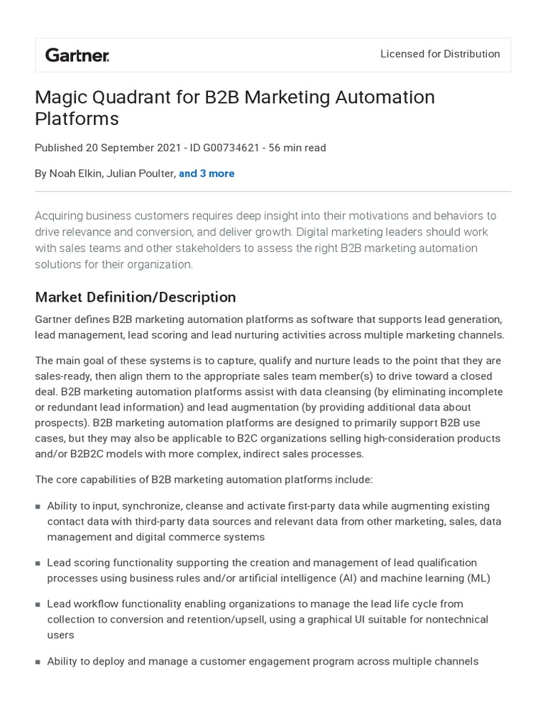 Gartner Magic Quadrant b2b Marketing Automation Platforms 2021