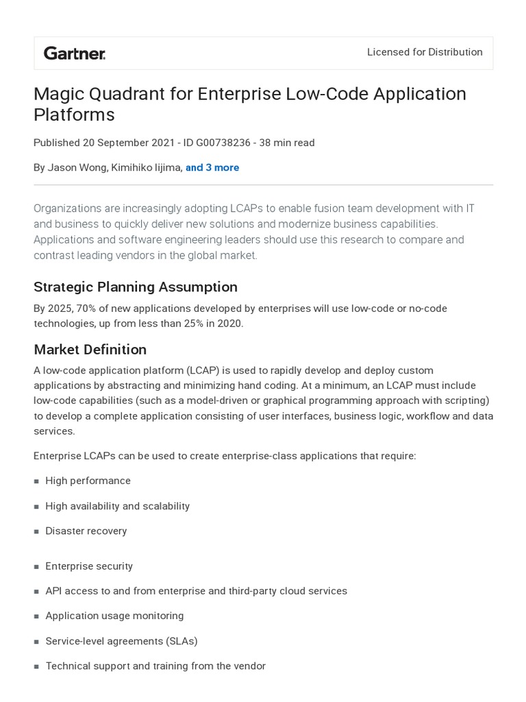 Gartner Magic Quadrant Enterprise LowCode Application Platforms
