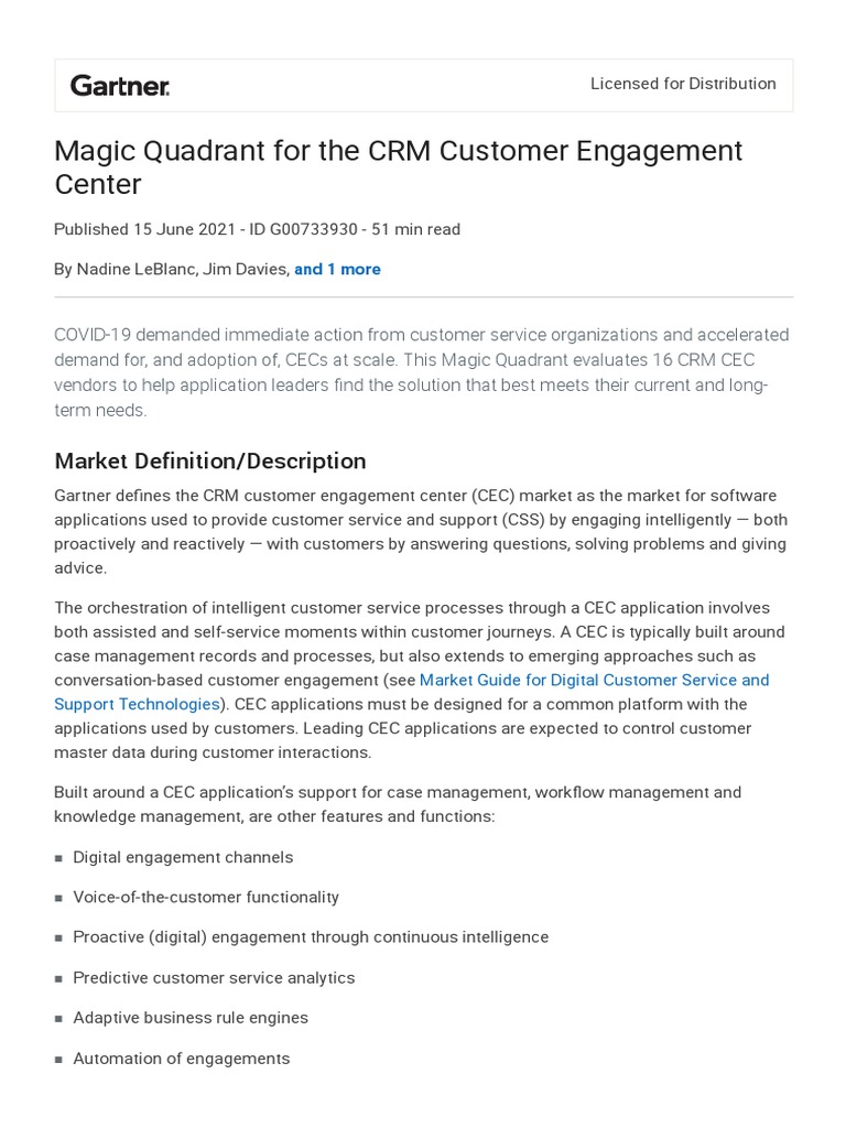 Gartner Magic Quadrant Customer Engagement Center 2021 PDF Cloud