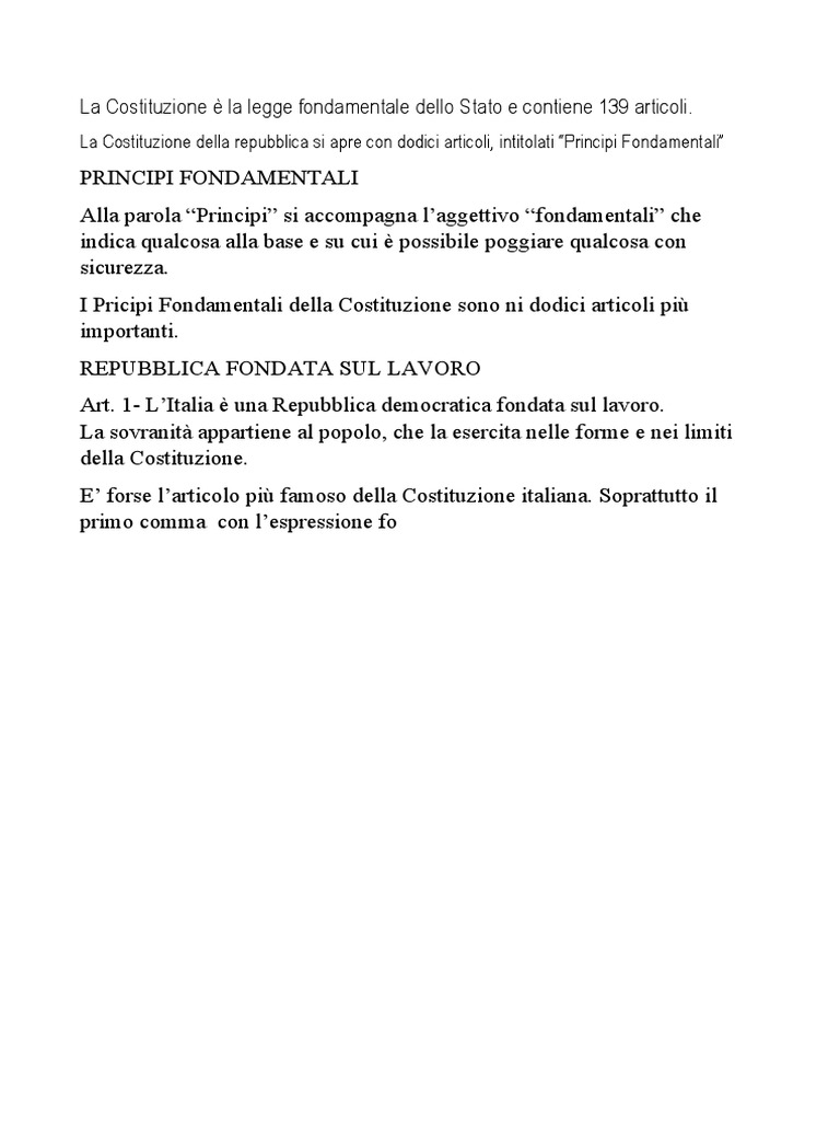 La Costituzione È La Legge Fondamentale Dello Stato e Contiene 139 Articoli PDF