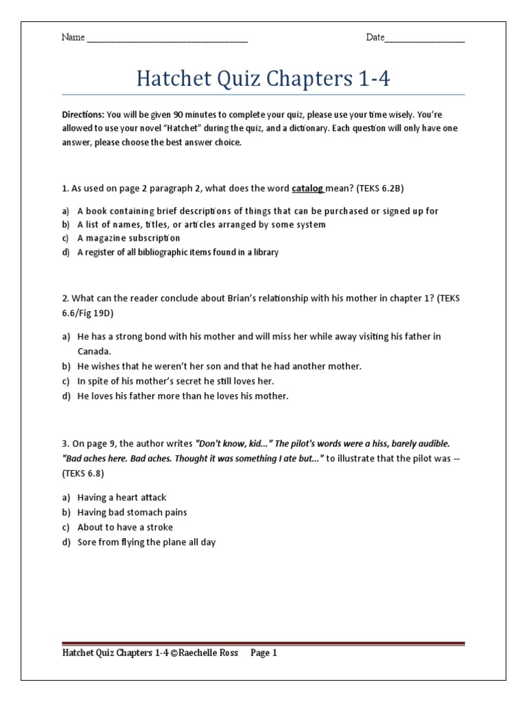 Hatchet Quiz Chapters 1-4 | PDF | Language Arts & Discipline | Foreign ...