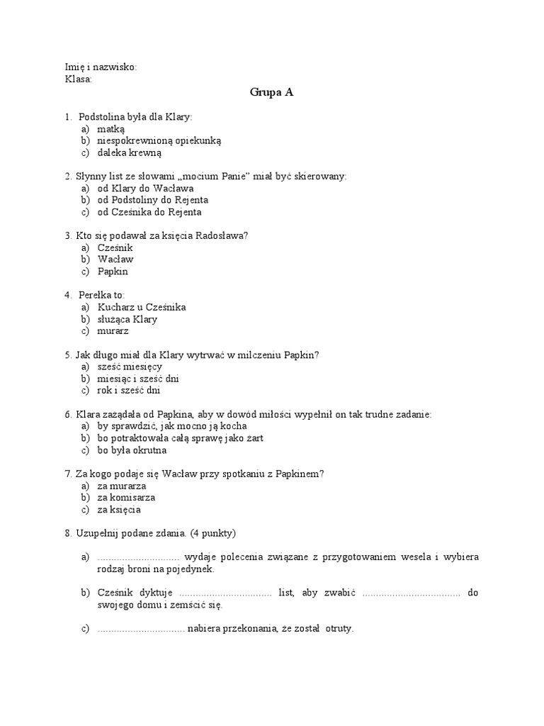 Test Z Lektury Zemsta Klasa 7 Zemsta | PDF