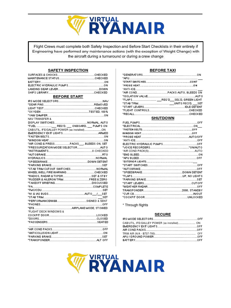 Ryanair Revised Checklist | PDF | Transport | Aviation