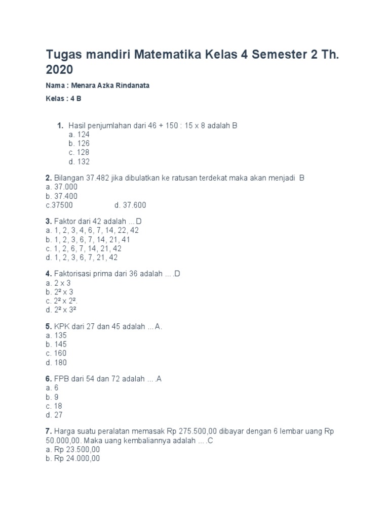 Soal Matematika Kelas 4 Semester 2 | PDF