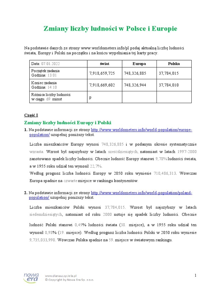 Zmiany Liczby Ludnosci Polski I Europy Test