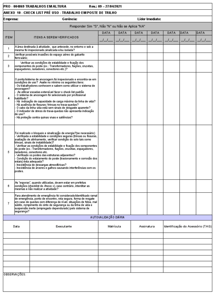 Check list pré-uso trabalho em poste | PDF