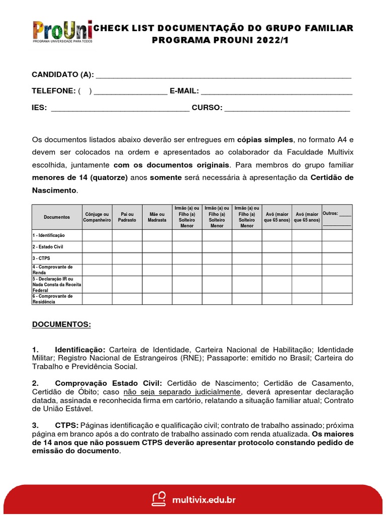 Prouni Documentacao Grupo Familiar | PDF | Imposto de Renda