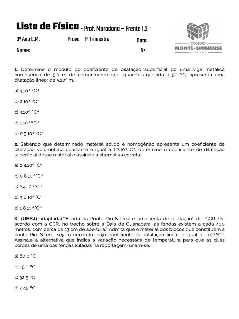 Lista de Física: - Prof. Maradona - Frente 1,2 | PDF | Expansão térmica ...