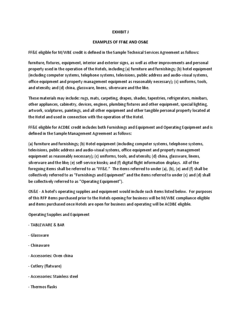 Exhibit J Examples of Ff&E and Os&E PDF Bed Tableware