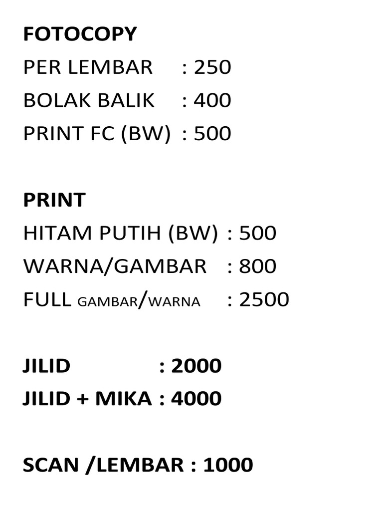 Price List Cetak | PDF