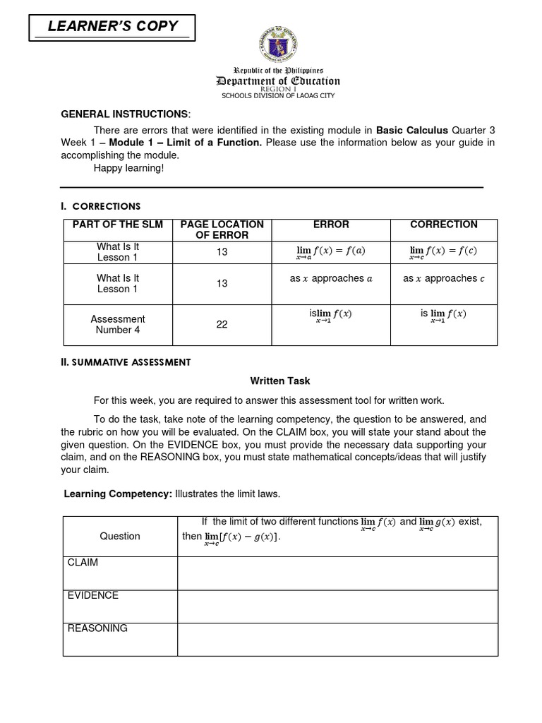 Basic Calculus Limit Corrections Guide | PDF | Learning | Cognition