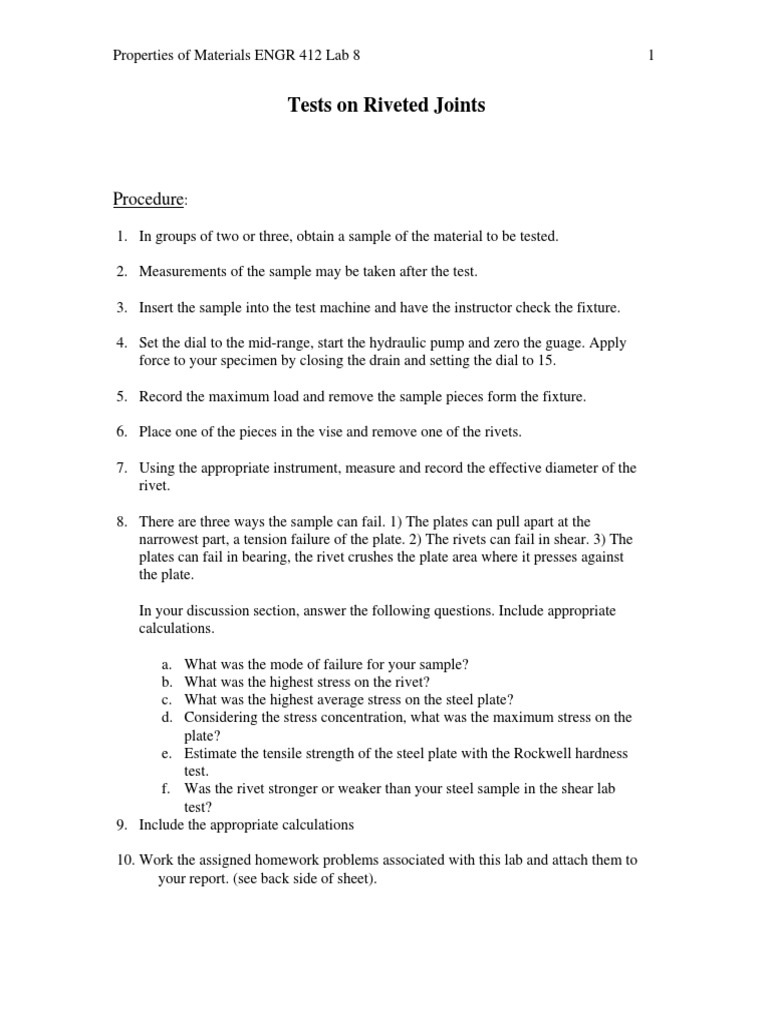 Tests On Riveted Joints: Procedure | PDF | Technology & Engineering