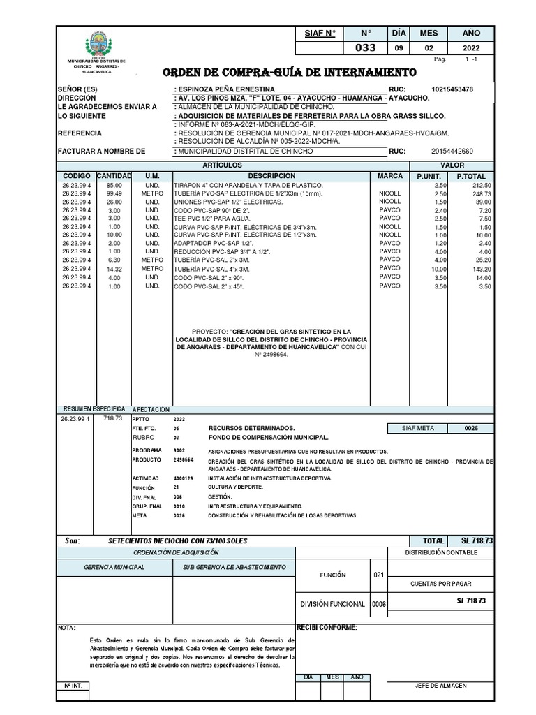 Orden de Compra de Materiales para Obra | PDF