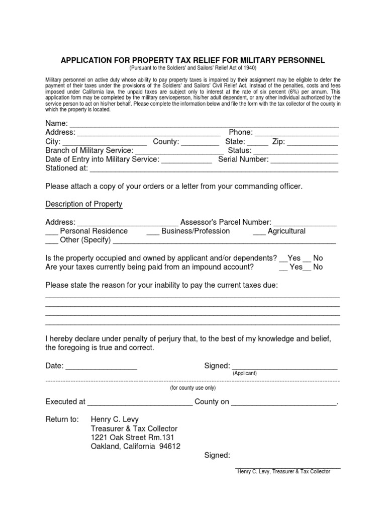 Application For Property Tax Relief For Military Personnel PDF