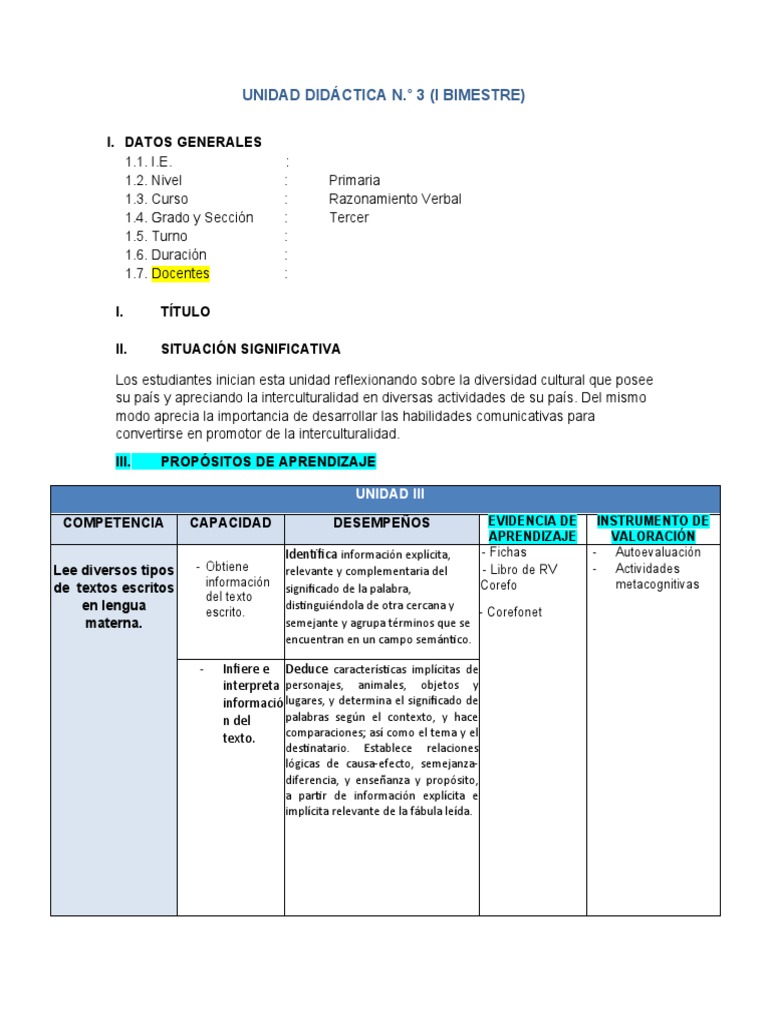 UNIDAD 3 RV Tercer Grado | PDF | Evaluación | Aprendizaje