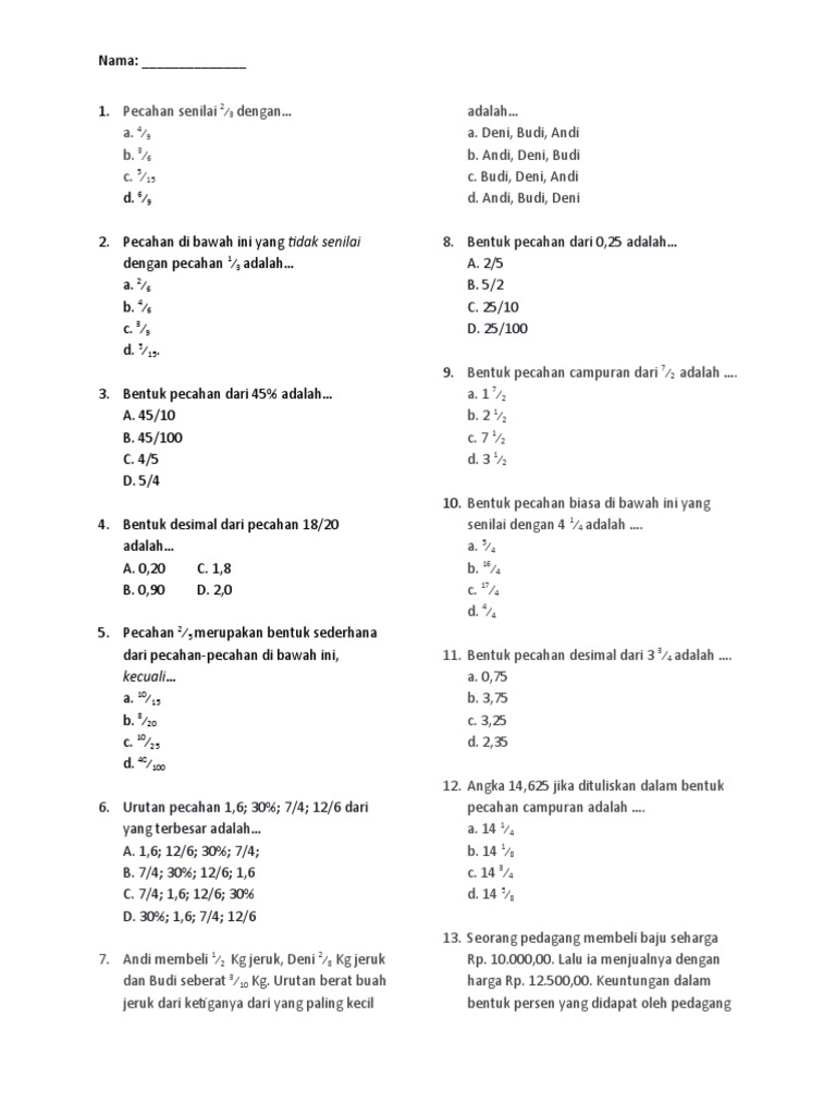 Soal Pecahan dan Desimal Kelas 6 | PDF | Metode & Bahan Ajar