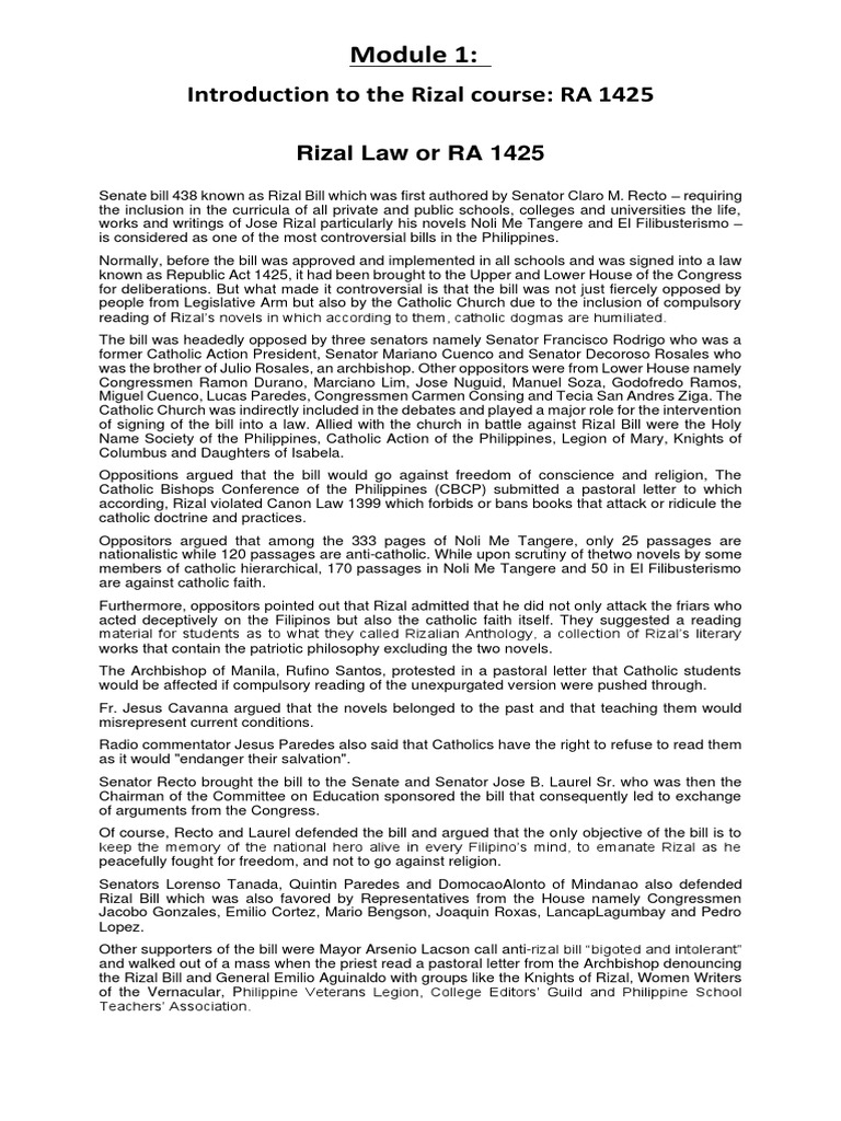 Introduction To The Rizal Course: RA 1425 | PDF | Philippines