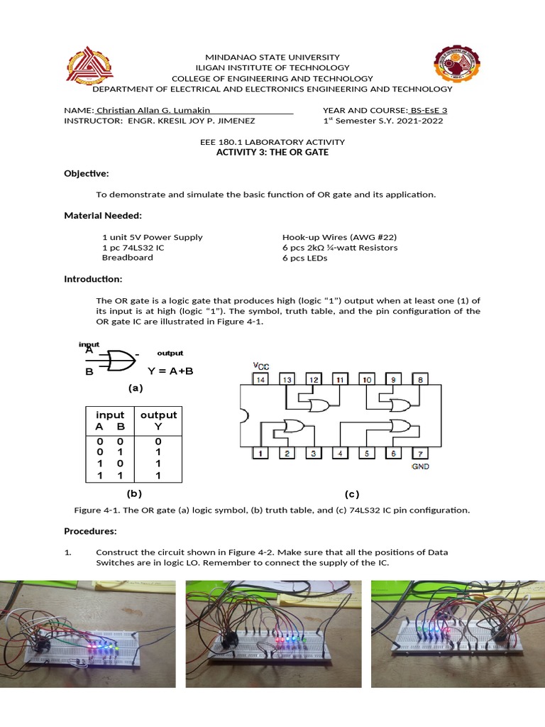 Activity 3 The Or Gate Objective A B A Y A B Pdf Logic Gate