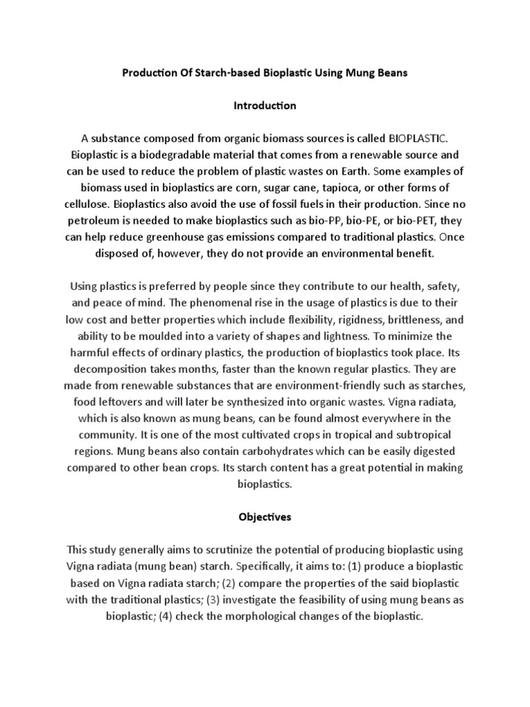 Production of Starch-Based Bioplastic Using Mung Beans | PDF ...