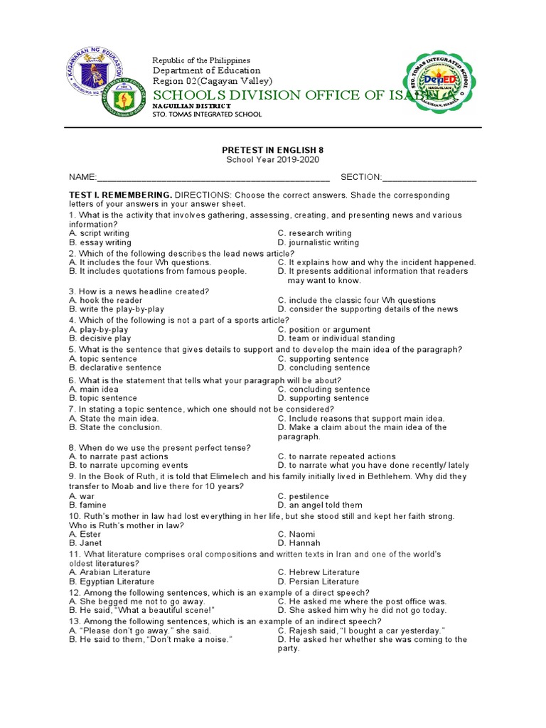 Summative Test Grade 8 English 4th Quarter PDF Book Of Ruth Naomi
